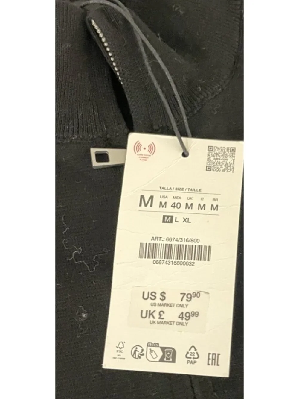 Zara Mens Cotton Knit Cardigan sweater M Black mock Neck Zip Up  6674/316 NWT